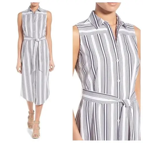 Foxcroft Stripe Non-Iron Cotton Sleeveless Maxi Shirtdress 6 EUC