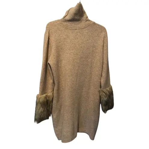 Boston Proper Tan Knit Pullover Turtleneck Dress with faux fur sleeve ends Sz L