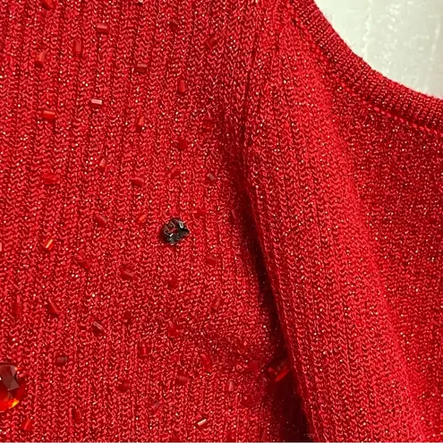 Belldini Large Y2K Cold Shoulder Beaded Rhinestone Ribbed Holiday Top Formal Red