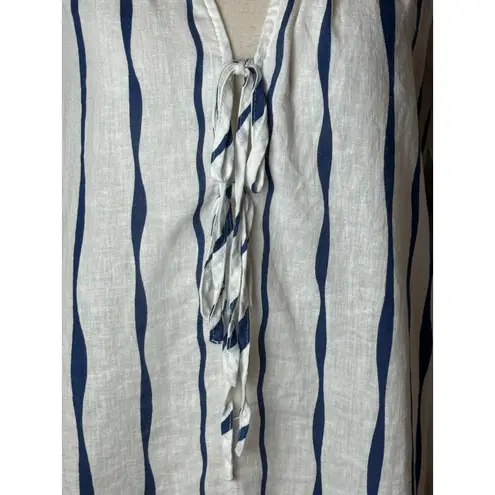 Rails Shirt Women Small White Blue Brielle Wavy Stripe Linen Blend Tie Neck Top