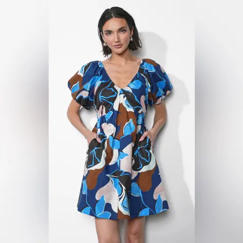 Greylin Fannie Plunge Neck Gathered Cotton Mini Dress Navy Multi NWT