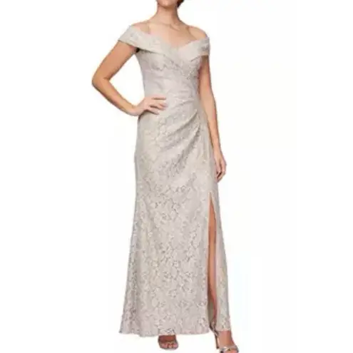 Alex Evenings Ivory Beige Glitter Lace Off Shoulder Formal Maxi Dress Size 10