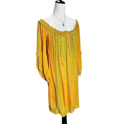 Poupette St Barth Boho Embroidered Off Shoulder Mini Dress Mustard Yellow Size L Gold Size L
