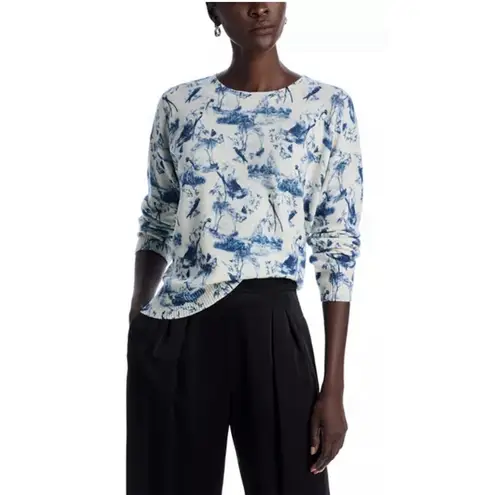 C by Bloomingdale's Cashmere Toile Crewneck Sweater Blue Cream Size XL