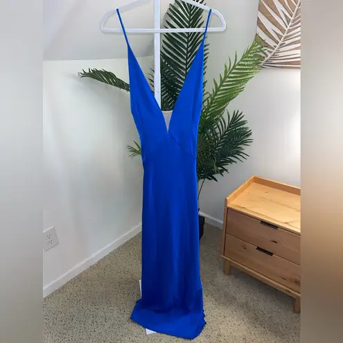 Aidan Mattox Azure Blue V-Neck Satin Halter Bias Draped Gown Dress