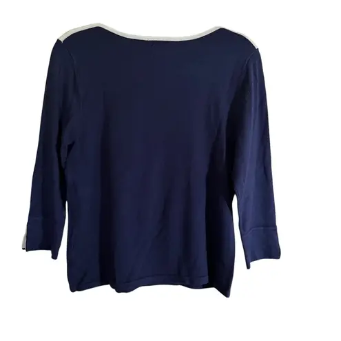 Investments Petites Navy Blue White Trim Crewneck 3/4 Sleeve PM NWT Sweater