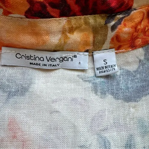 Cristina Vergani Italian Linen Shirt Dress S Beige Floral Button Down European Pink