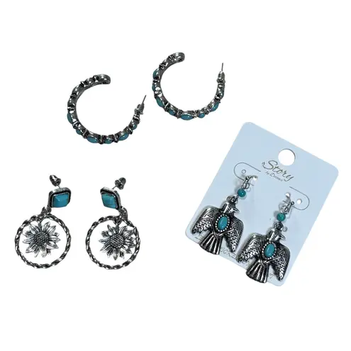 Earrings Set of 3 Pair Turquoise Silver Western Style Hoop Dangle Set New Silver