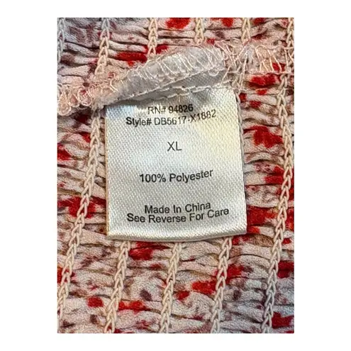 Atap Floral Smocked Tie Front Top Blouse Red White Short Sleeve Ruffle Size XL