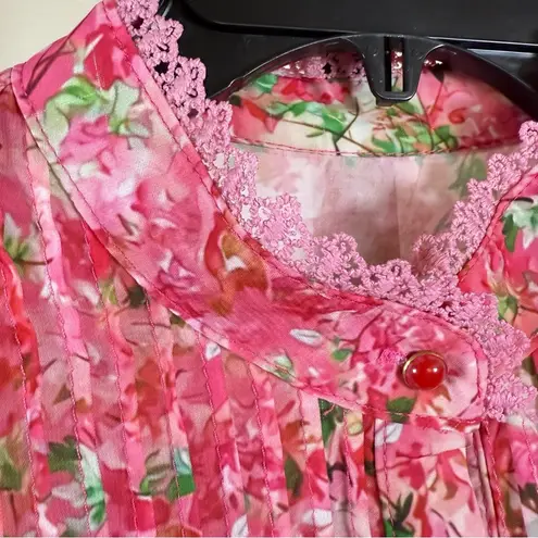 Vintage Inspired Pleated Floral Pink Lace Cottagecore Fairy Garden Barbie Chic Size L