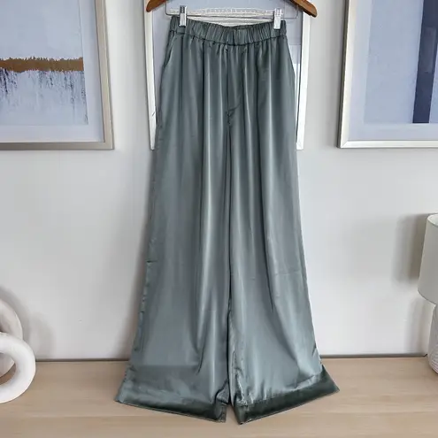 Daily Drills Pants Womens XS Lagoon Green Silky Resort Satin Lounge Wide Leg