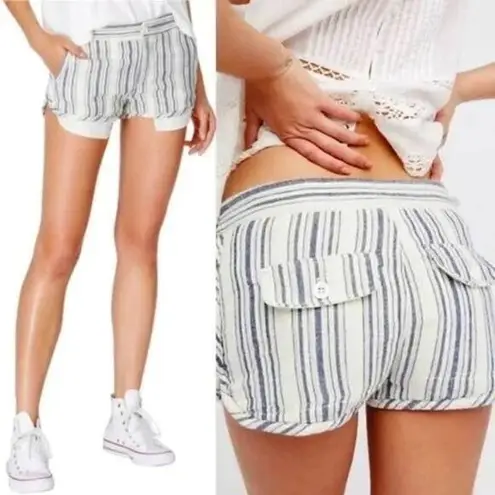 Free People  Striped Linen Blend Shorts Size 4 Blue Cream Boho