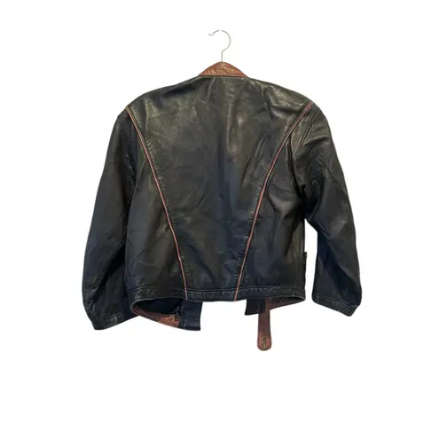 Vintage Butter Soft Black Leather Moto Jacket Brown Trim Quiet Luxury Minimalist Size L