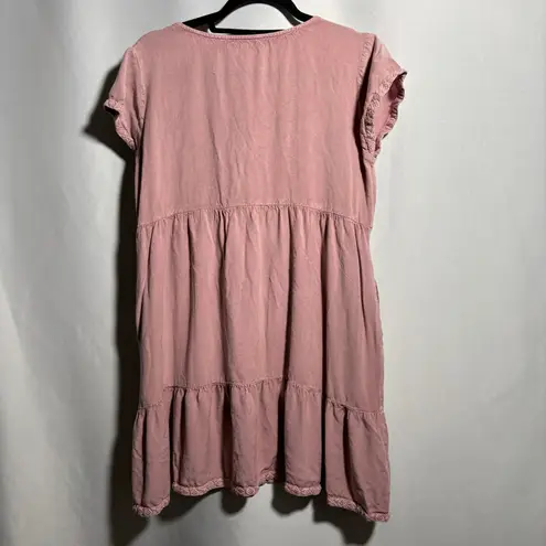 Solitaire Pink Embroidered Rayon Mini Dress Short Sleeve Tiered Boho Fairy L