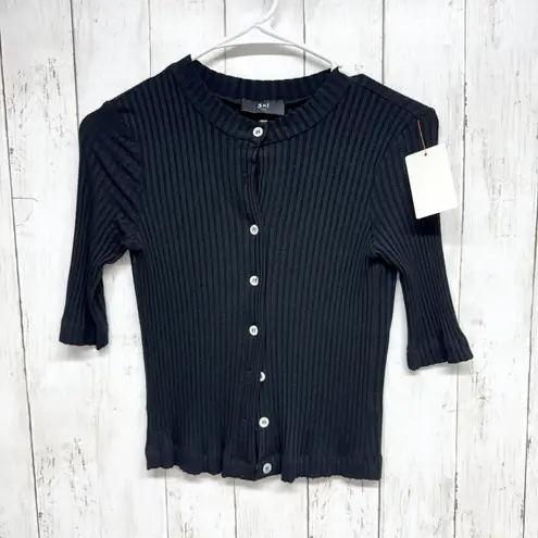 3x1 NYC Sweater Women Size Medium Black Ribbed Crewneck Half Sleeve Button Front