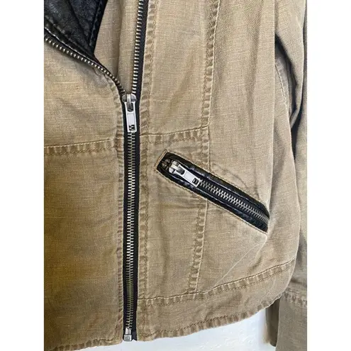 Free People  Linen Faux Leather Moto Jacket Zipper Snaps Sz 12 Black Tan Women’s