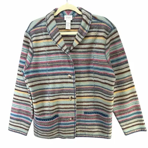 Vintage CLC Wool Sweater Jacket M Rainbow Stripe Shawl Collar Eclectic Boho Blue Size M