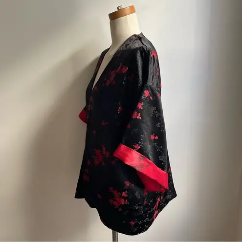 Handmade Vintage Silk Damask Floral Crop Kimono Jacket Black Red Asian One Size