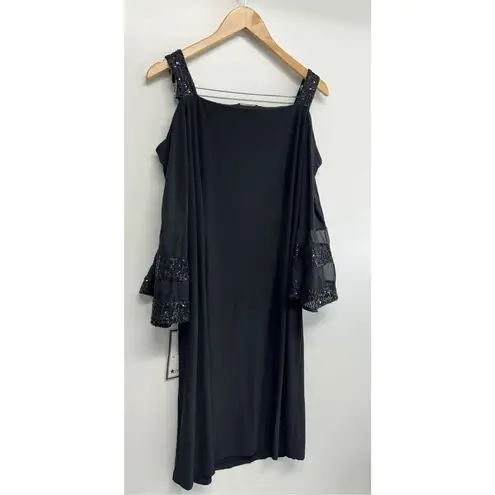 MSK Dress Size 1X Sequined Cold Shoulder Shift Bell Sleeve Knee Length NEW Black