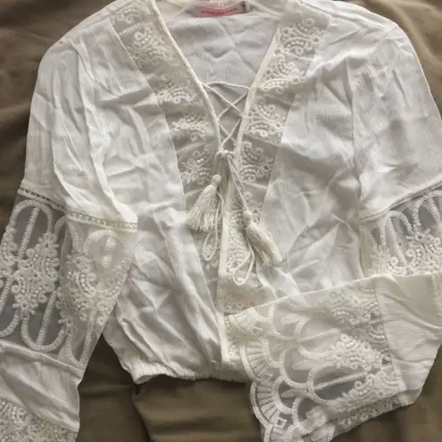 Boutique NWOT Crochet Lace Up Boho Bell Sleeve Top