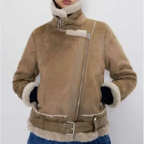 ZARA Shearling Rider's Jacket Double Boa Brown Beige sz XL