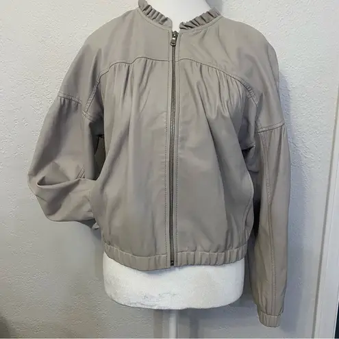Rebecca Taylor ruffle trim light grey lamb skin leather bomber jacket blazer 8