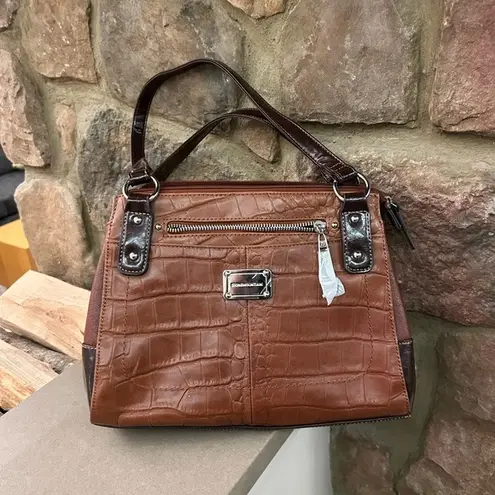Stone Mountain Brown Leather Satchel with Crocodile Pattern and Silver Accents