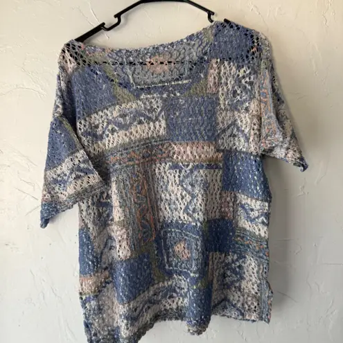 Cape Isle Knitters Blue Patterned Knit Crochet Tunic Top Coverup M Artsy Coastal Size M