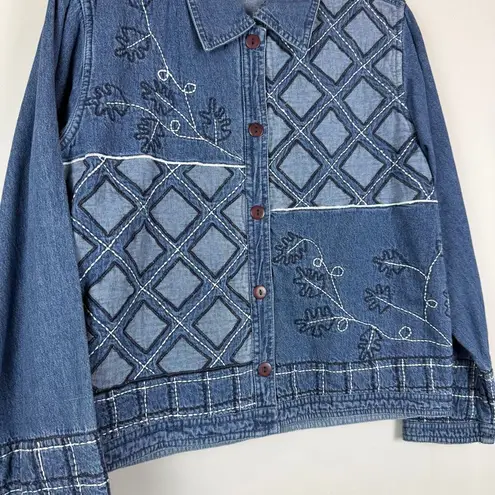 Sara Studio Jacket Women Sz M Blue Denim Embroidered Button Front Patchwork Boho Size M