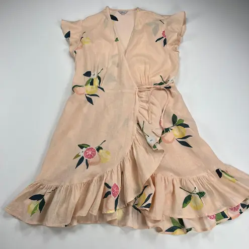 Rails Koreen Wrap Dress Ruffle Flutter Pink Grapefruit Print Linen Blend Size S