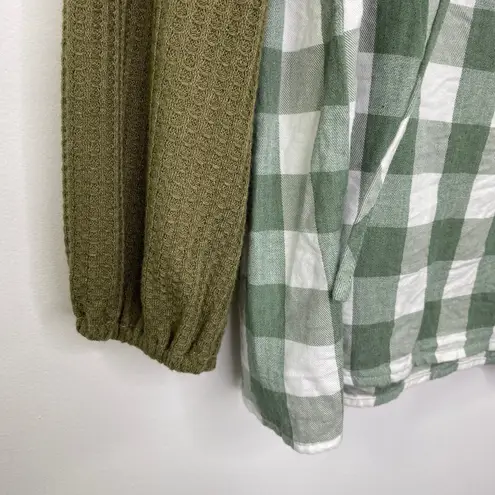 Suzanne Betro Weekend Green White Check Mixed Media Blouse Women's Size Medium M