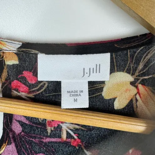 J Jill Floral Bird Cardinal Blouse Medium Artsy Rayon Lightweight Boho Flowy Black