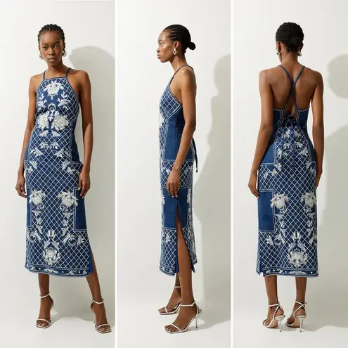 Karen Millen Beaded Embellished Denim Woven Halter Midi Dress Sz 8 NWT