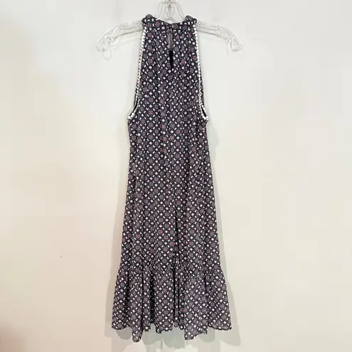 Leslie Fay Halter Geometric Babydoll Dress Women's 14 Navy Dainty Hippie Boho