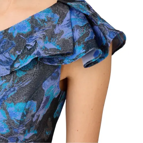 Aidan Mattox by ADRIANNA PAPELL Stretch Jacquard Midi Dress Blue Metallic Sz 16