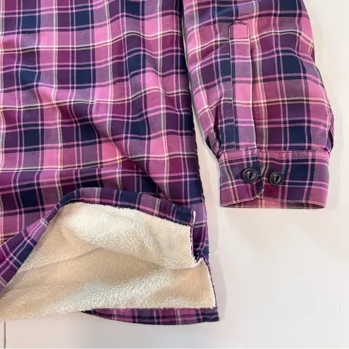 LL Bean Pink Purple Plaid Sherpa Fleece Lined Flannel Shirt Jacket Shacket LARGE