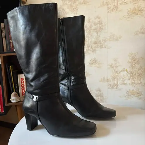 Vintage 90s y2k black leather knee high square heel side zip boots size 8