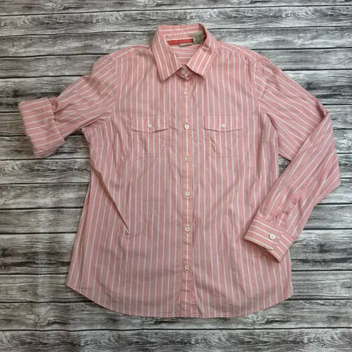 L.L.Bean  Women's Striped Button Down Roll Tab Blouse L LG Large Reg Pink White