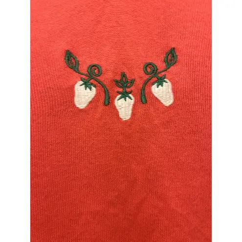 Vintage V Neck Pullover Embroidered Strawberry Sweater Cottagecore Women Medium Pink