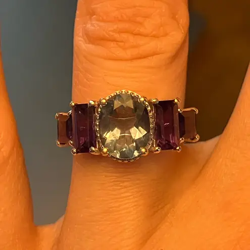 Teal Color Changing Fluorite Amethyst Art Deco Ring Size 6 Purple