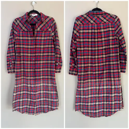 Dance & Marvel Red Plaid Distressed Destroyed Flannel Tunic Dress Jacket Small