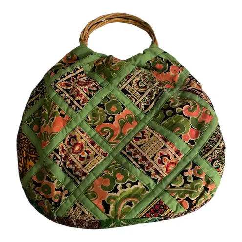 Vintage Handmade quilted patchwork hobo bag rattan handle water resistant lining Green