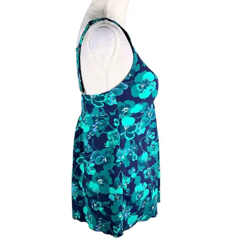 L.L.Bean  Soft Drape Tankini Top 12 Blue Green Floral Adjustable UPF 50+