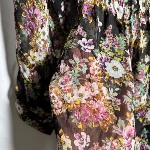 Whimsigoth Sheer Floral Black Mini Dress Tunic Pleated Waist Tie V Neck Fairy S