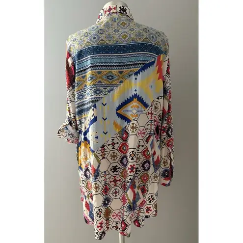 Calessa Top Size 1X Multicolor Aztec Button Front Southwestern Abstract Roll Tab Blue