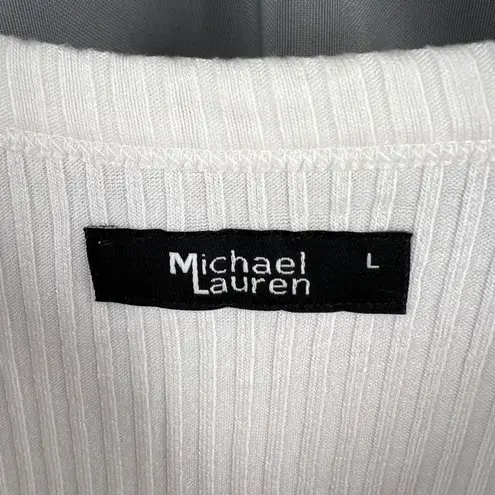 Michael Lauren White Ribbed Knit Crew Neck T Shirt Top Size L New