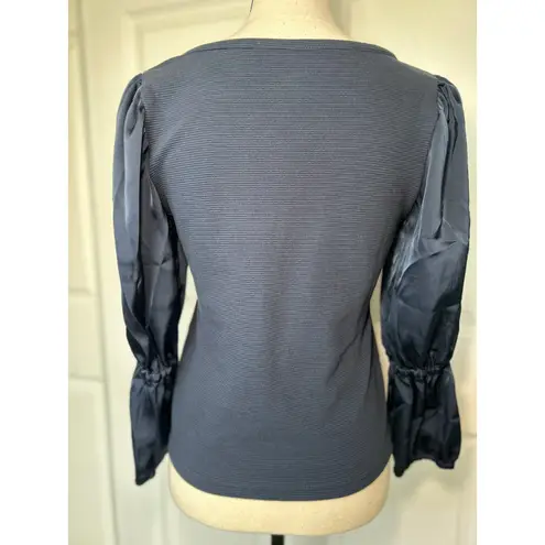 Maeve NWT Anthropologie Navy Ribbed Satin Tiered Balloon Sleeve Top Size Small