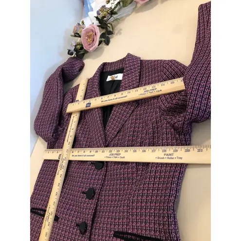 Le Suit  Women Purple Black Tweed Jacket 12 Lapel Notch Collar Pockets 3 Buttons