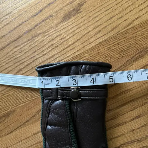 Brown Faux Leather Green Knit Accent Gloves Adjustable Strap FAux Fur Lined S/M