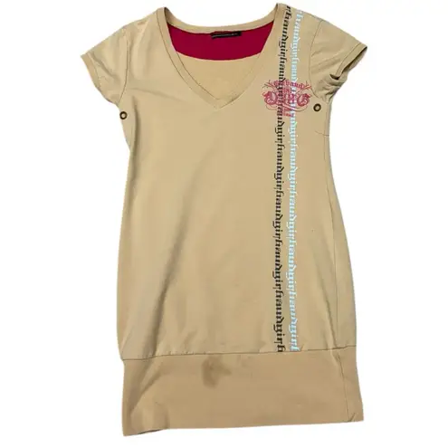 Jean de Marithé + François Girbaud Tan Graphic Y2K Scoop Neck Stretch Shirtdress Yellow Size XL